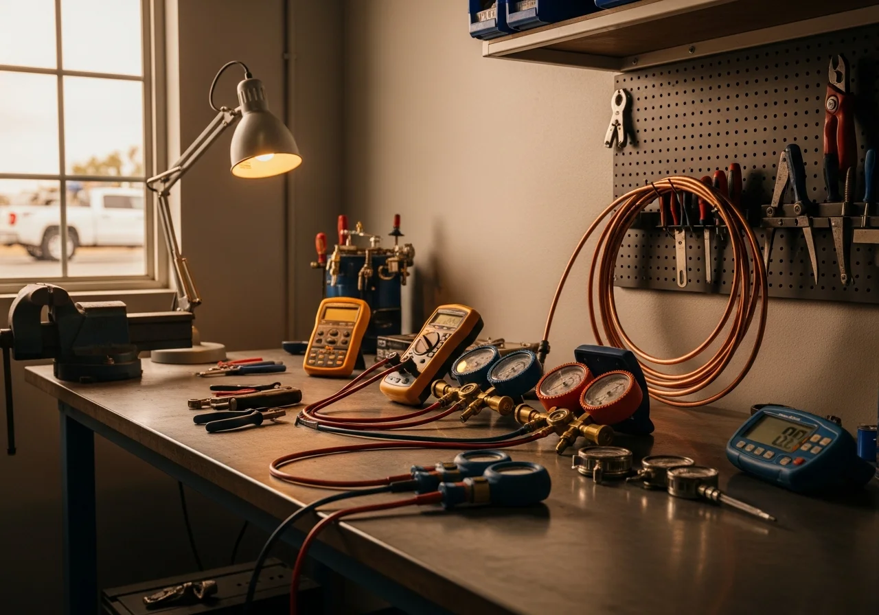 HVAC technician tools and equipment on a work bench, representing professional heating and cooling service.