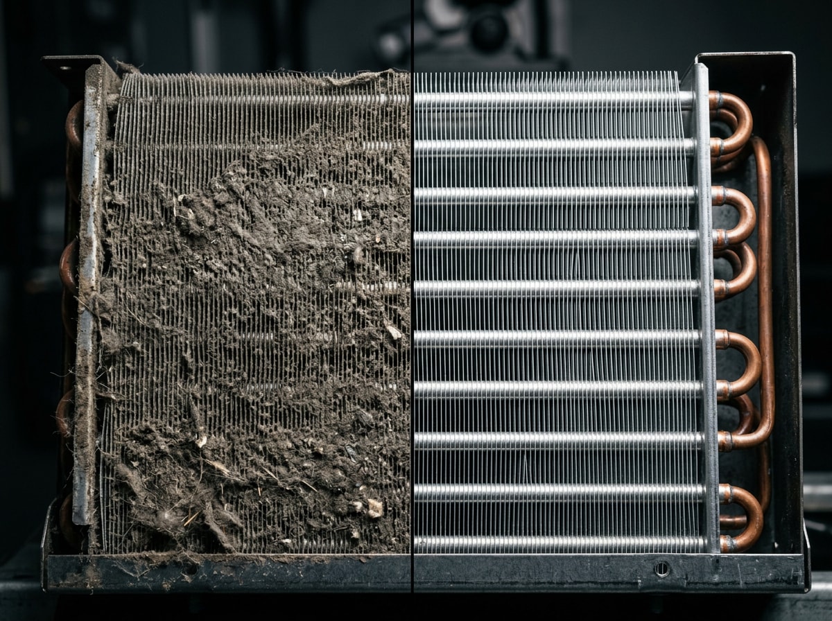 Close-up before and after comparison of a dirty versus professionally cleaned air conditioning evaporator coil