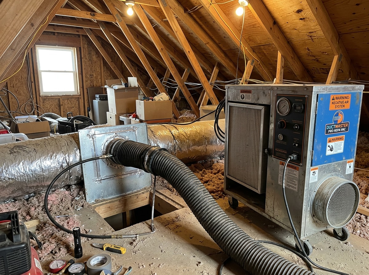HVAC negative-pressure vacuum equipment connected to a residential ductwork access panel during cleaning