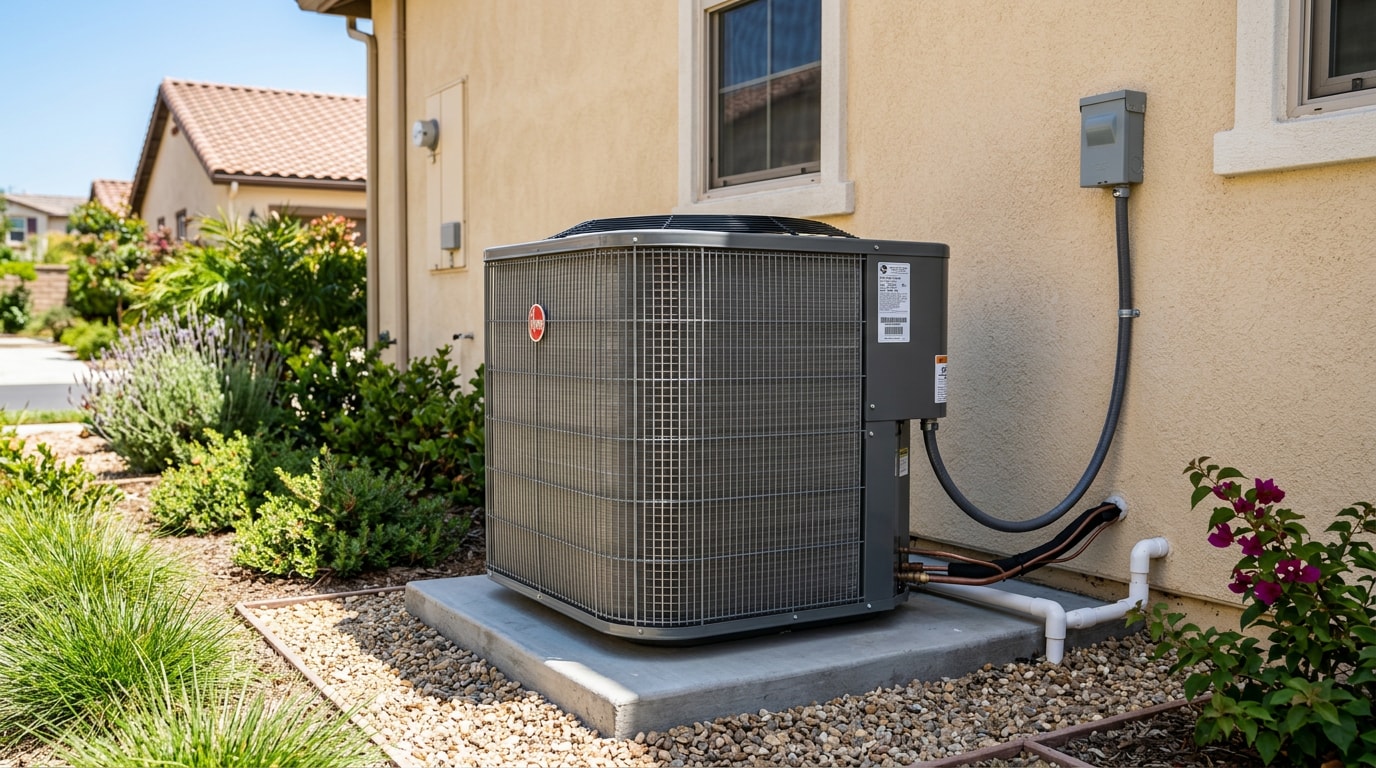 Clean outdoor air conditioning condenser unit at a Corona, CA home