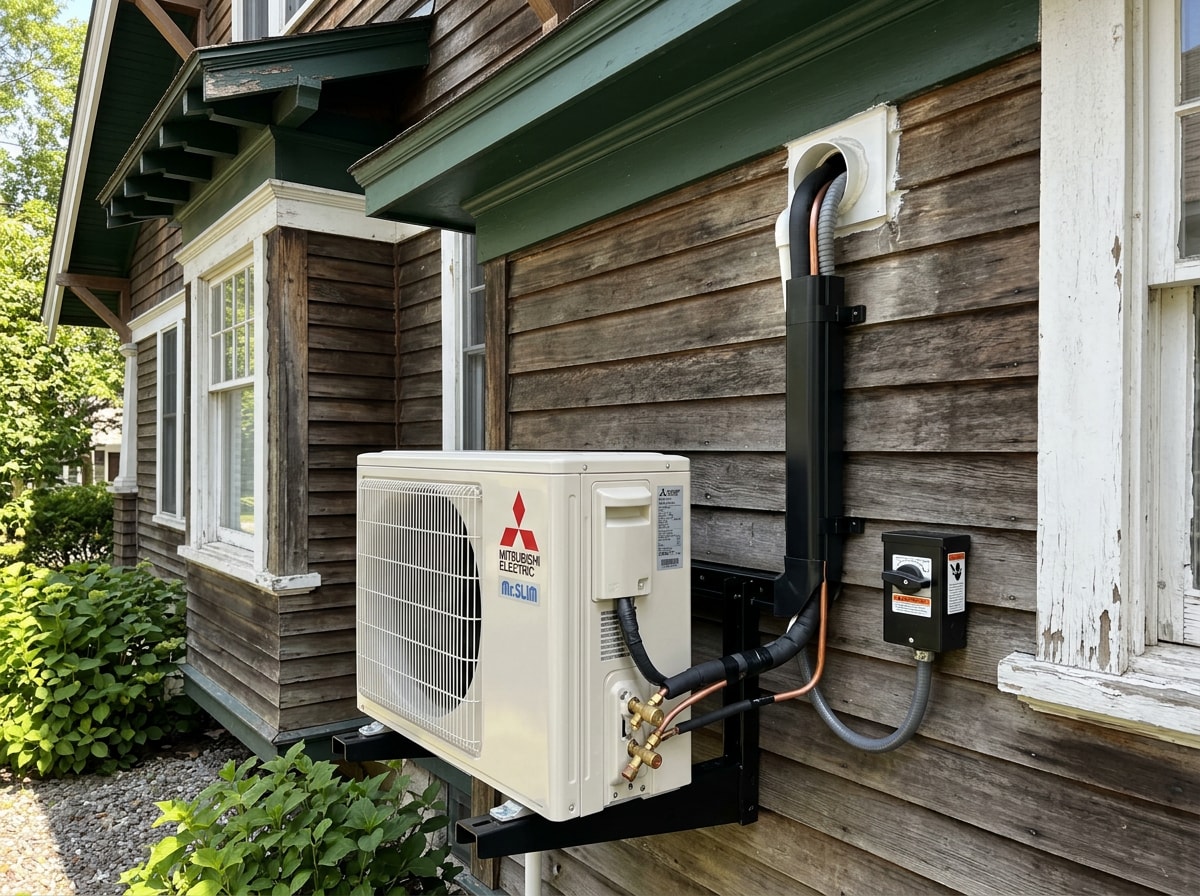 Ductless mini-split retrofit installed on the exterior wall of an older home without central ductwork