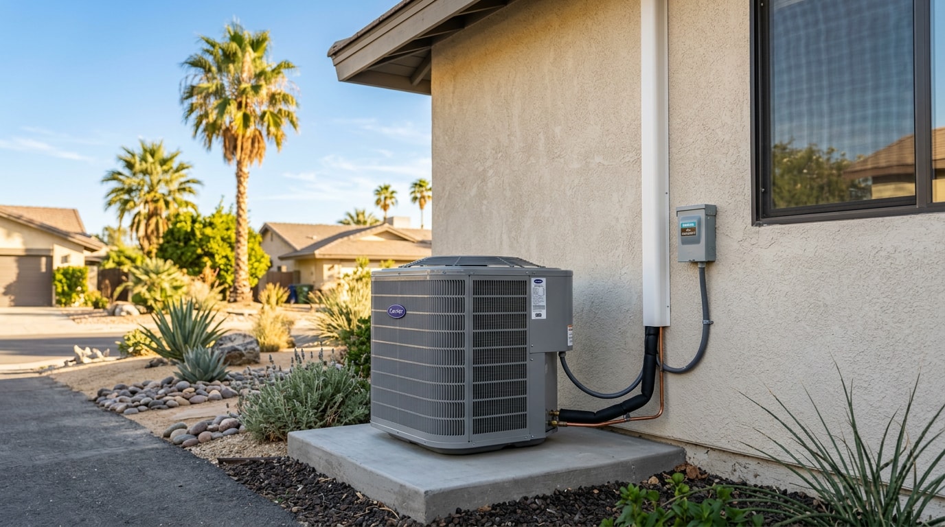 Residential air conditioning condenser unit installed outside a Riverside County home