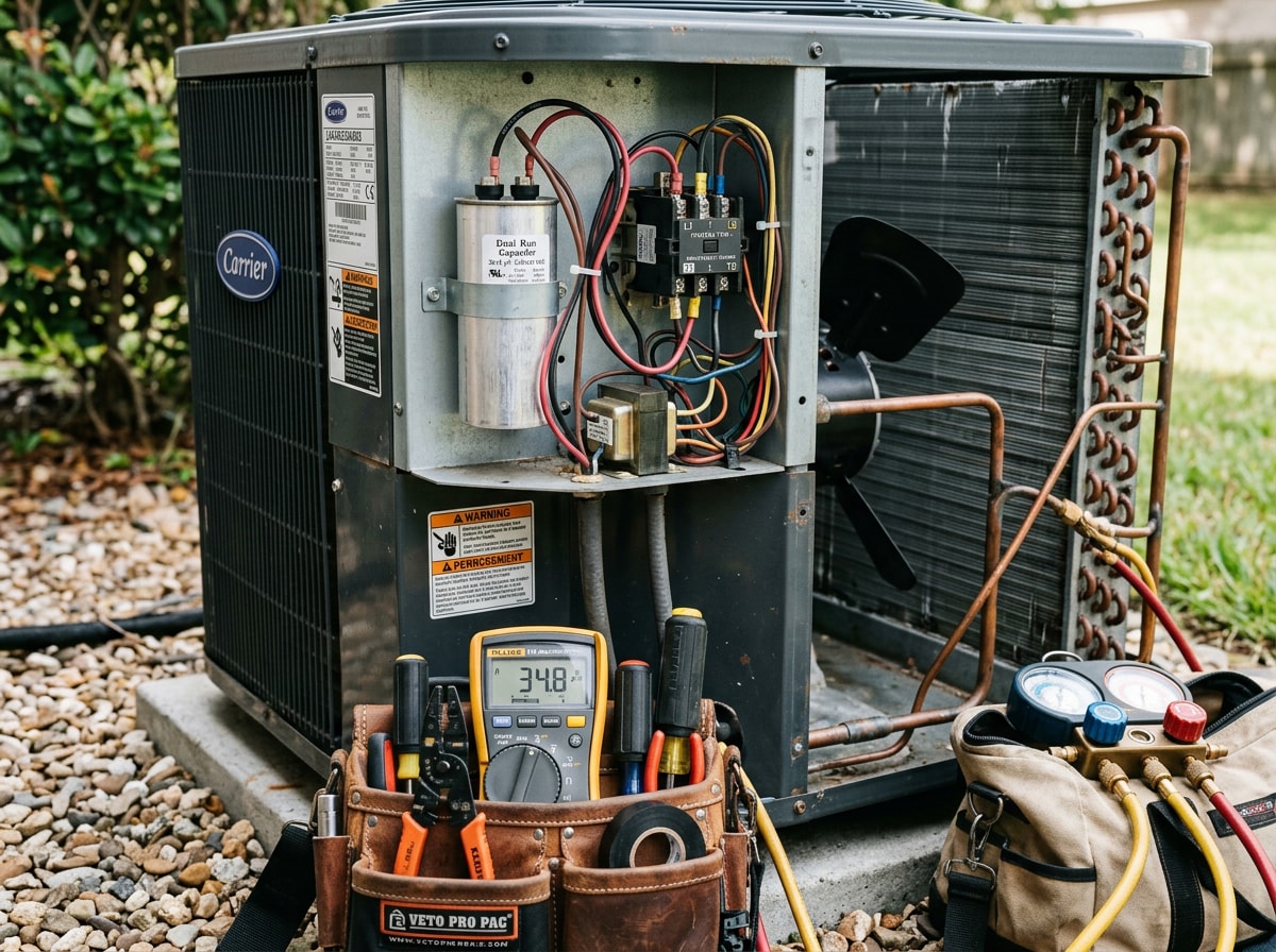 HVAC technician diagnosing a central air conditioning condenser unit outside a Perris home