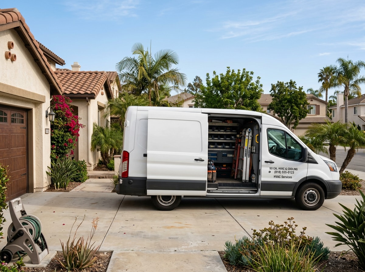 AC repair service van parked outside a residential job site in Perris, California