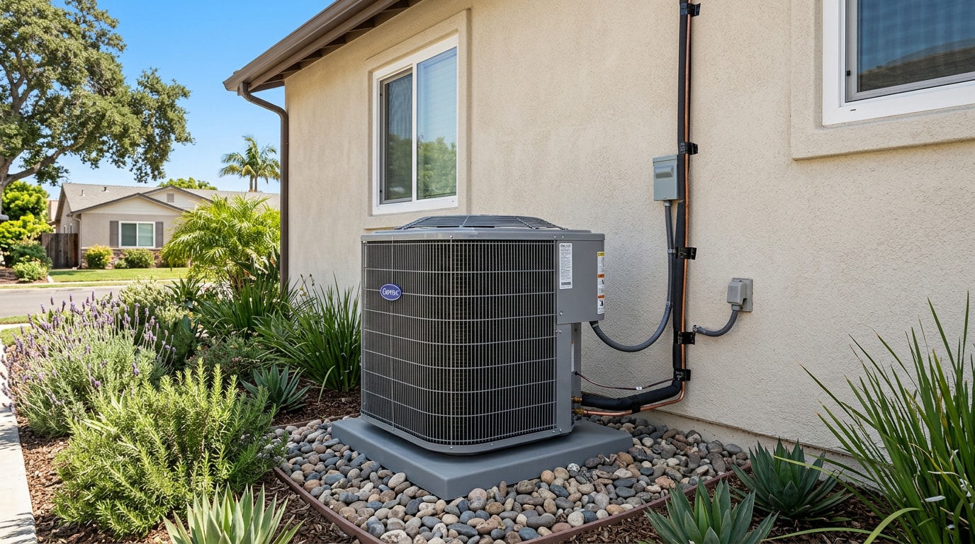 Residential central air conditioning unit installed outside a home in Perris, CA