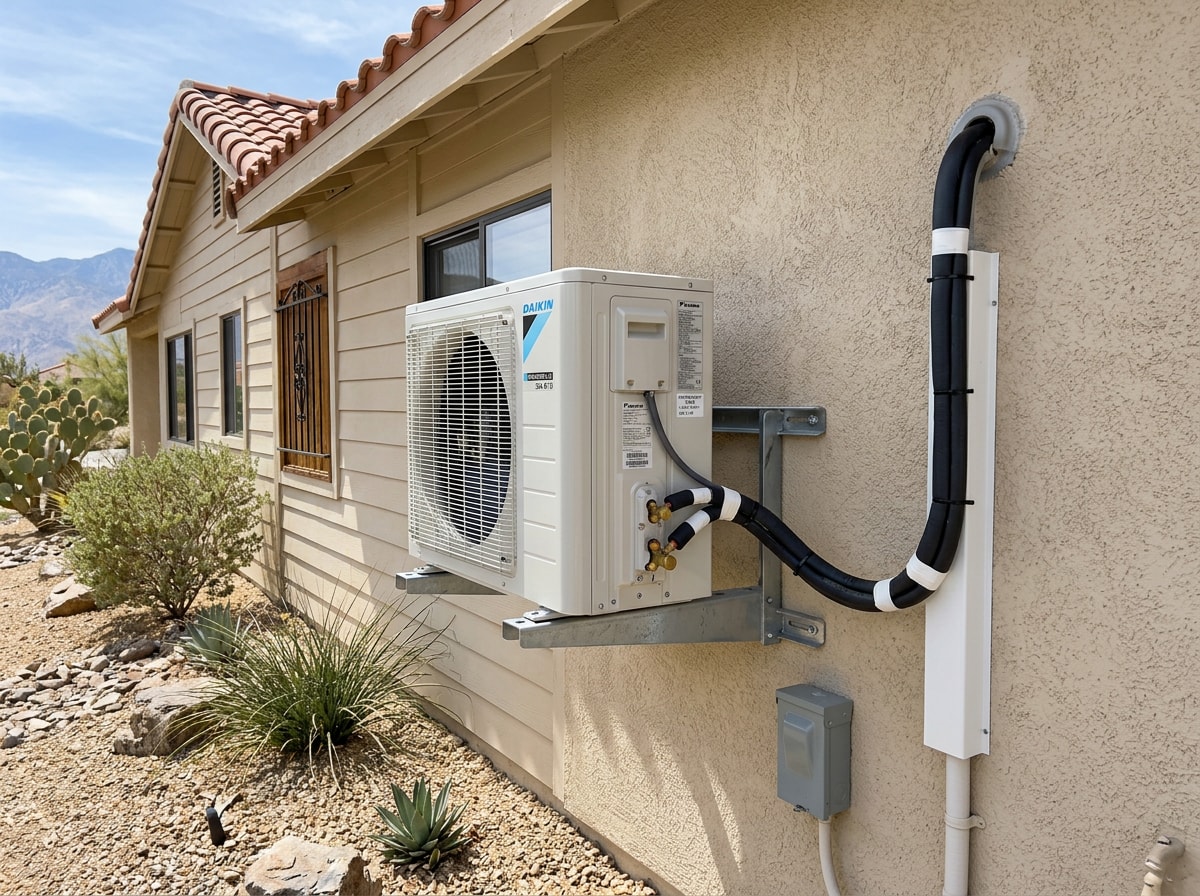 Outdoor mini-split condenser installed beside a stucco home in Hemet, CA