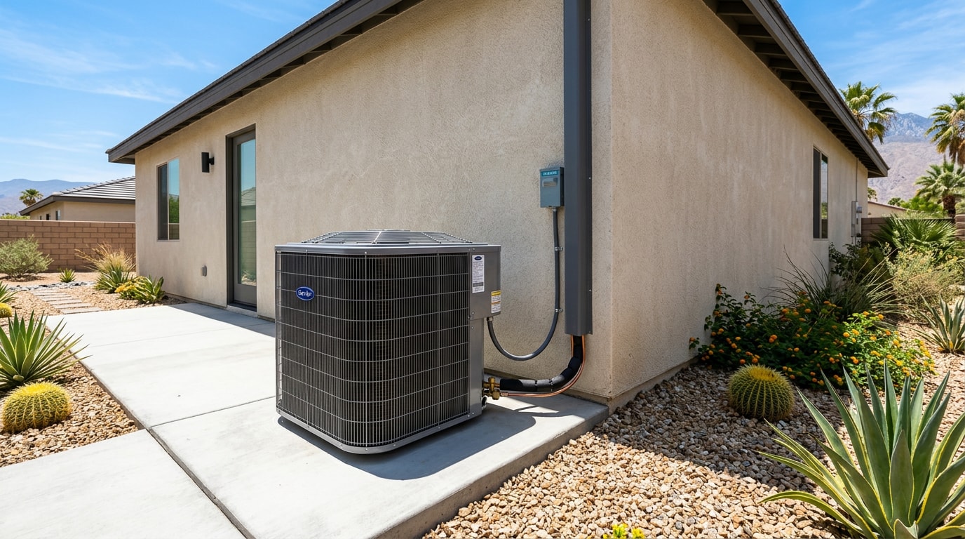 New central air conditioning condenser unit installed outside a Hemet, CA home
