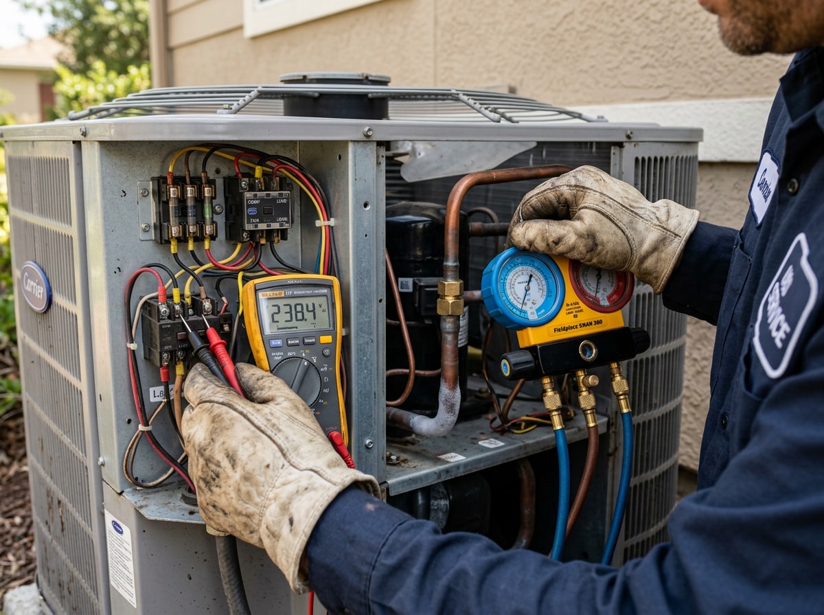 Technician inspecting an outdoor AC condenser unit for signs of AC problems in Hemet, CA