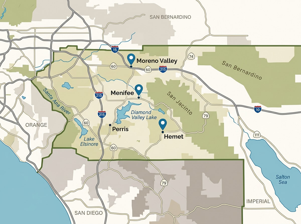 Service area map showing AC repair coverage across Hemet and Riverside County, CA