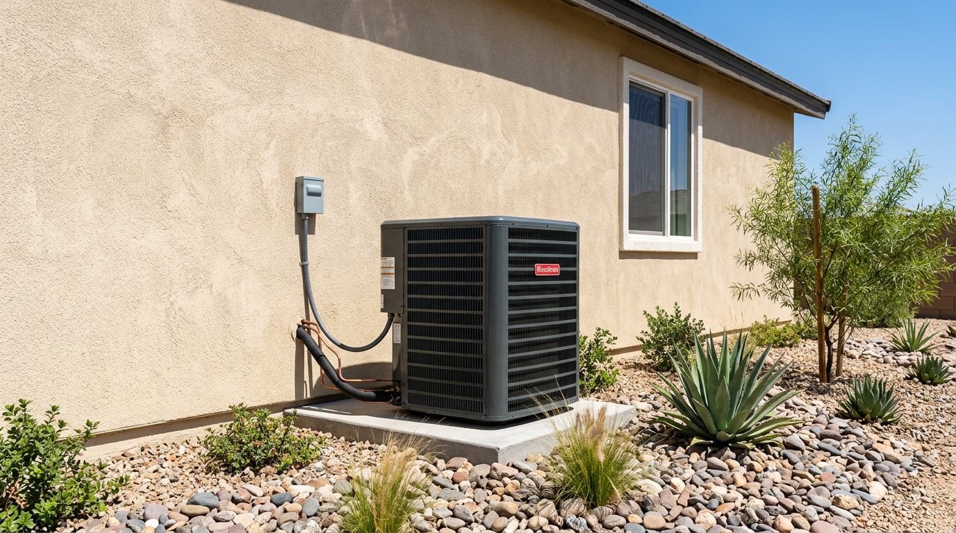 Residential outdoor air conditioning condenser unit installed beside a Hemet, CA home