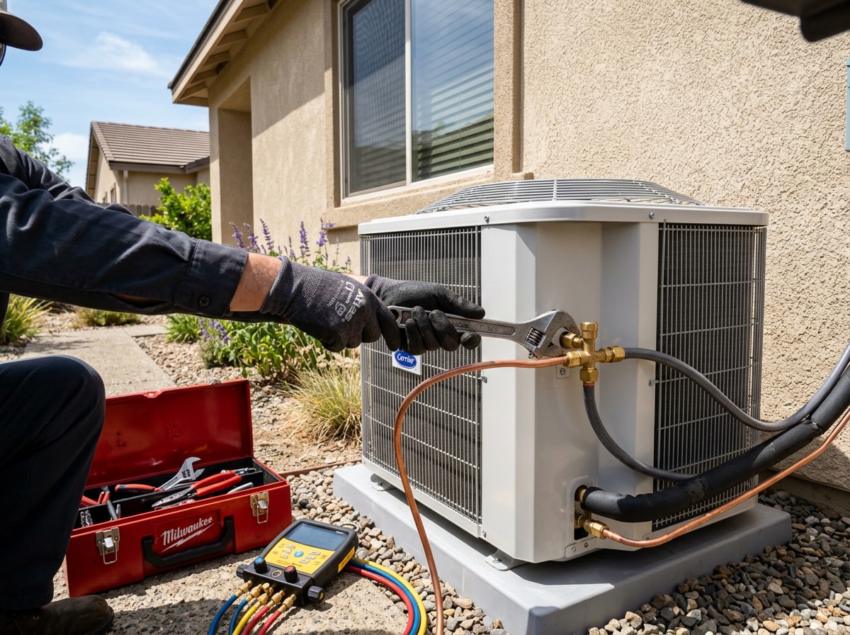 Technician installing an outdoor condenser unit beside a Temecula home