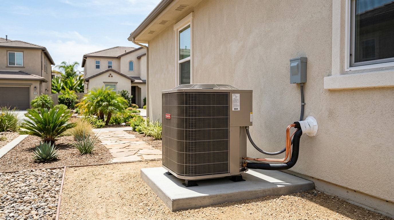 Newly installed outdoor air conditioner condenser unit at a Temecula, CA home