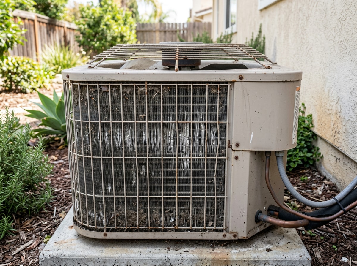 Outdoor condenser unit at a Menifee, CA home showing signs of wear