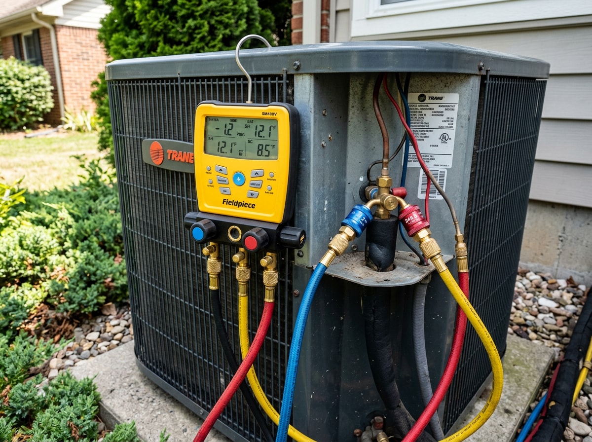 Technician using refrigerant gauges to diagnose a home air conditioning system