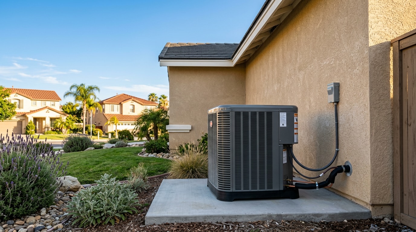 Residential air conditioning condenser unit outside a Menifee, CA home