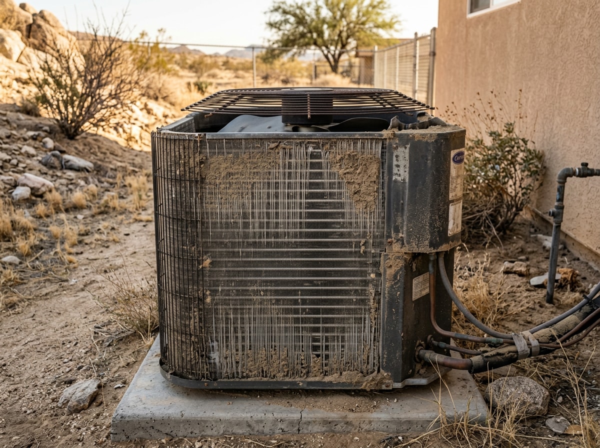 Dusty, sand-clogged outdoor AC condenser unit in a Menifee, CA backyard