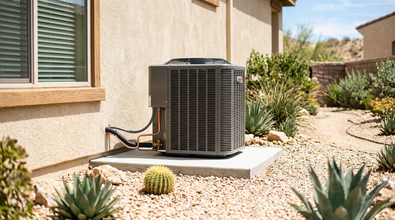 Well-maintained residential AC condenser unit outside a Menifee, CA home