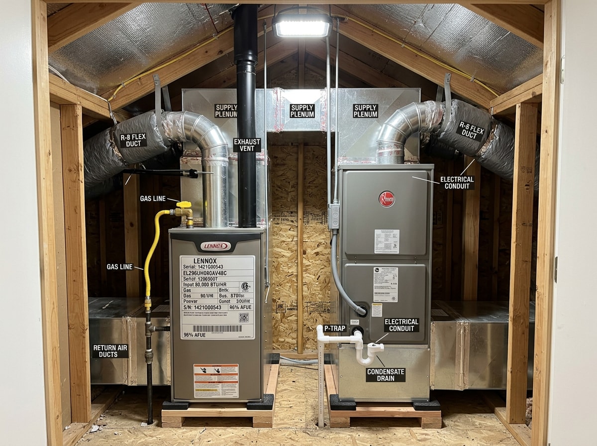 Side-by-side comparison of a gas furnace and an electric furnace installed in a California attic closet