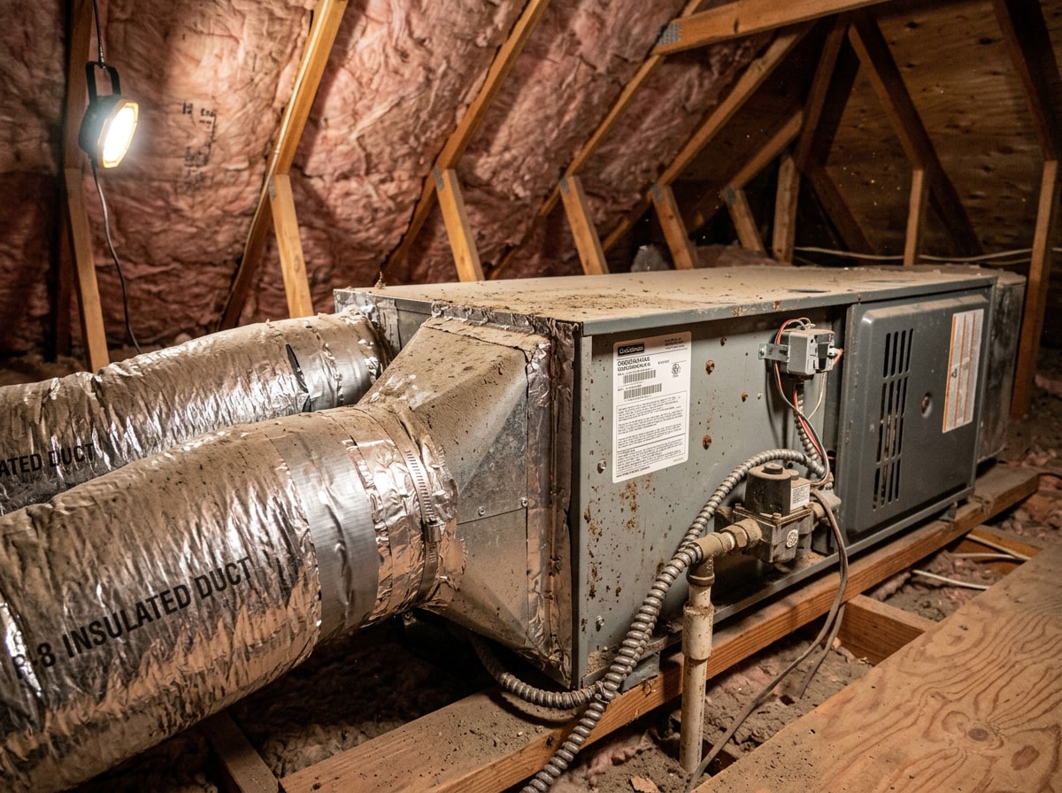 A furnace and attic ductwork in a Southern California home showing seasonal dust buildup from months of inactivity