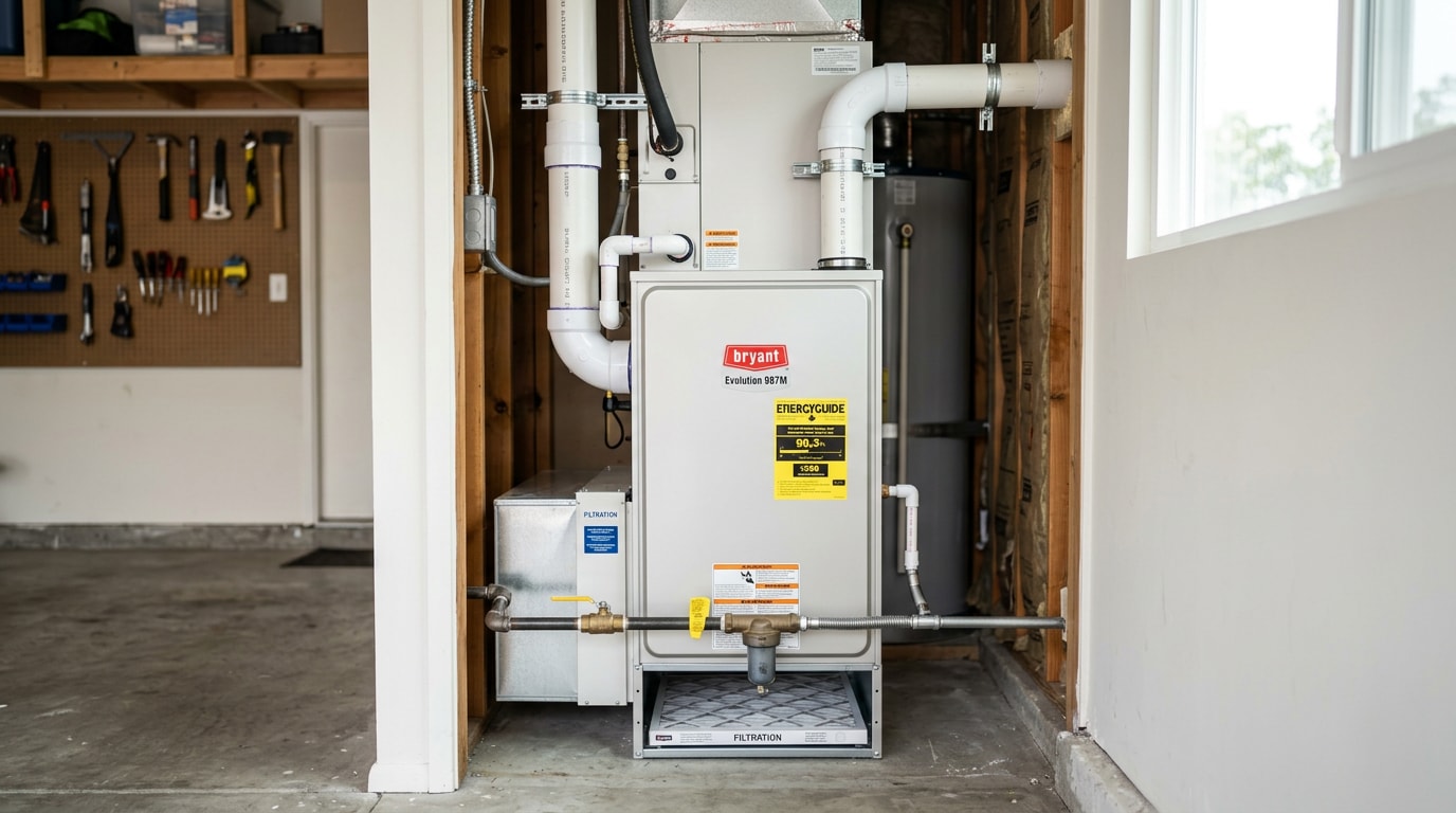 Newly installed high-efficiency gas furnace in a Temecula, CA home utility closet Newly installed high-efficiency gas furnace in a Temecula, CA home utility closet