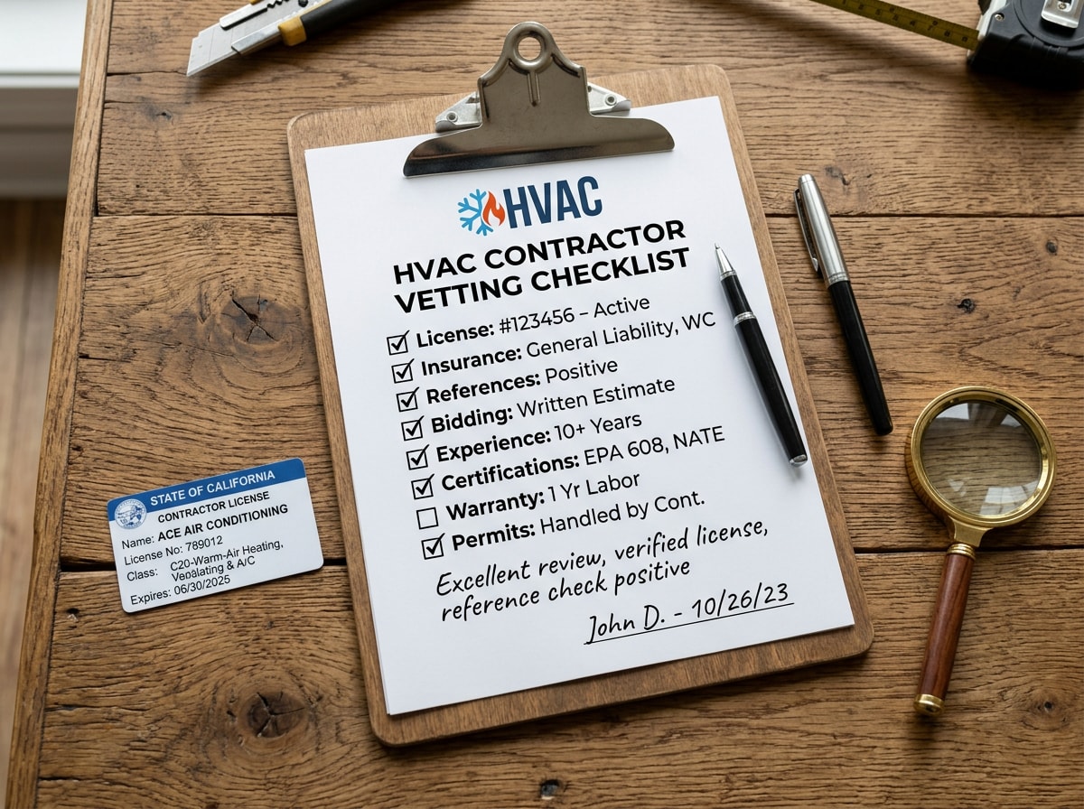 Checklist graphic showing six steps for vetting HVAC technicians in Murrieta, CA