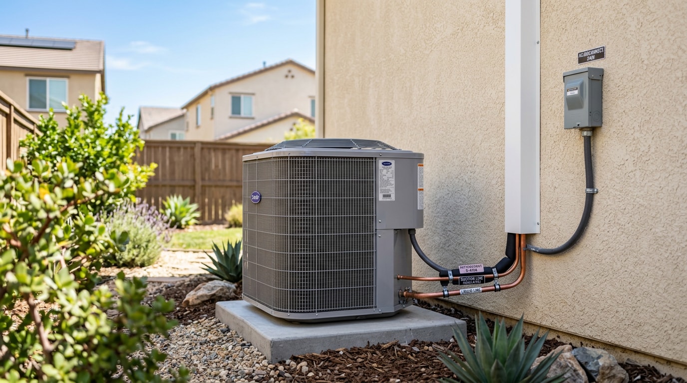 Residential HVAC condenser unit professionally installed outside a Murrieta, CA home Residential HVAC condenser unit professionally installed outside a Murrieta, CA home