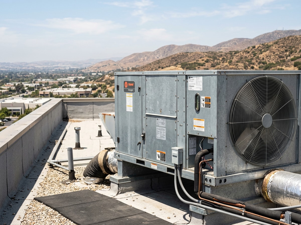 Commercial rooftop HVAC unit on a flat roof in Menifee, CA business park