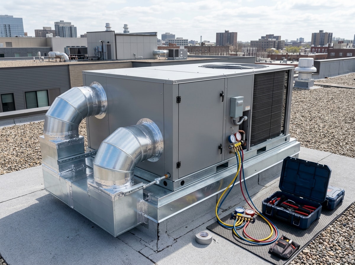 Technician completing a new commercial rooftop HVAC unit installation in Menifee, CA