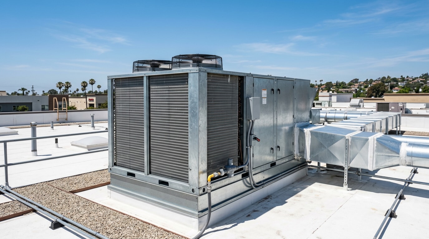 Commercial rooftop HVAC unit on a business building in Menifee, CA Commercial rooftop HVAC unit on a business building in Menifee, CA