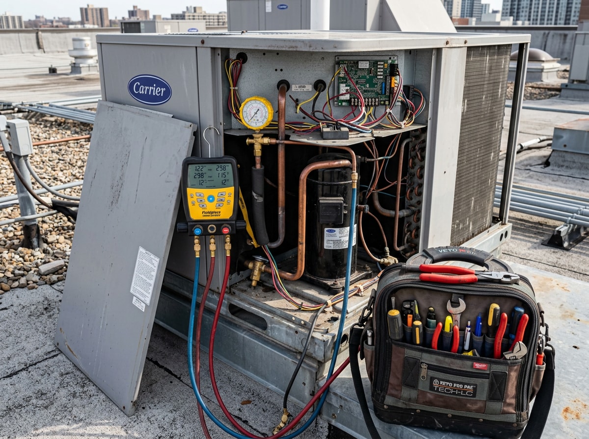Commercial HVAC technician servicing a rooftop unit at a Riverside County business