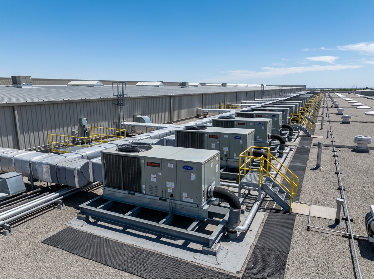 Rooftop commercial HVAC units on an industrial building in Riverside County