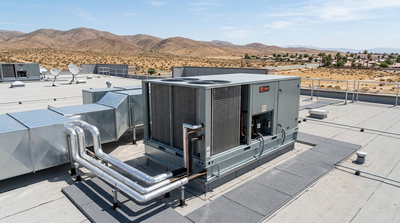 Commercial rooftop HVAC package unit installed on a Riverside County business building