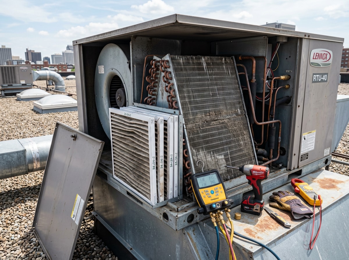 HVAC technician performing maintenance on a commercial rooftop unit