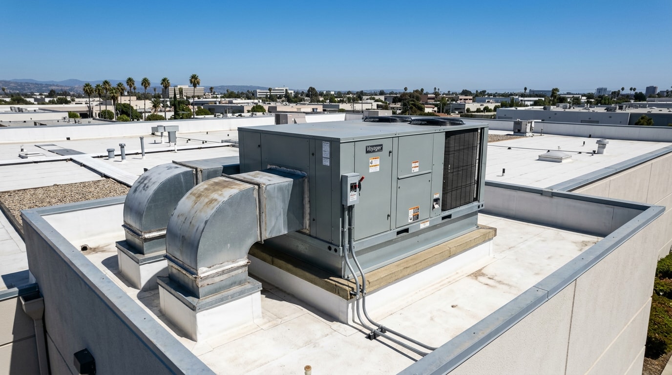 Commercial rooftop HVAC package unit installed on a business building in Temecula, CA