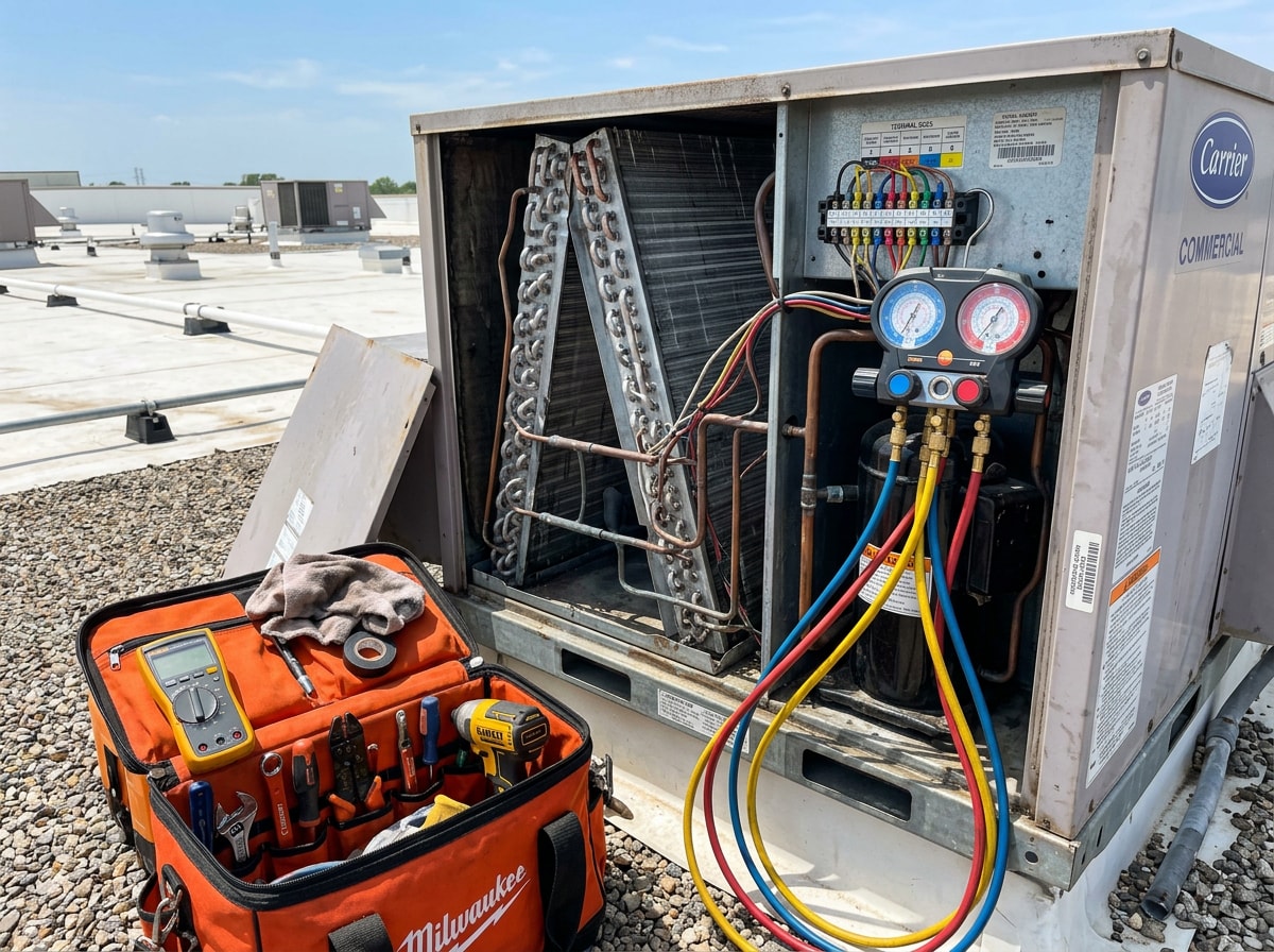 Technician servicing a rooftop commercial HVAC unit in Hemet, CA