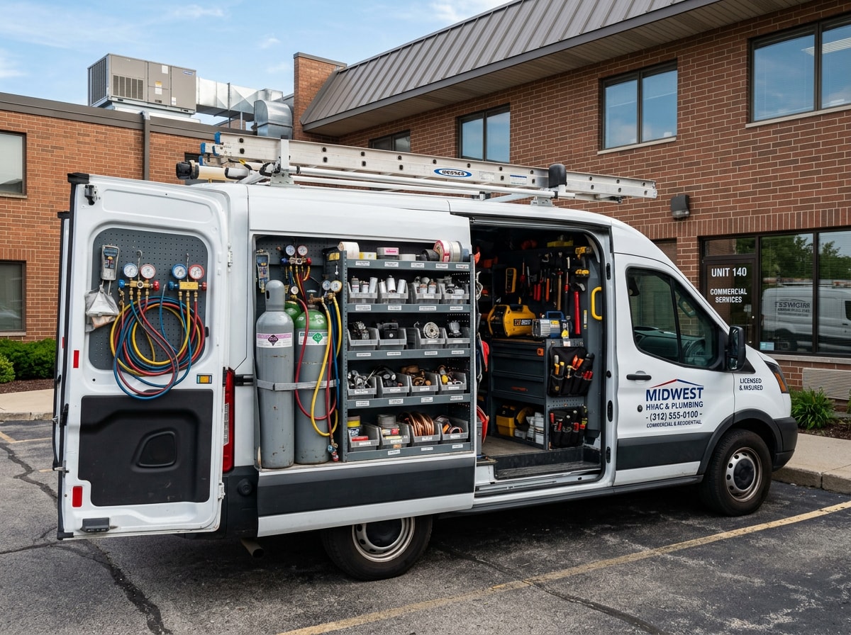 HVAC technician team preparing for a commercial service call