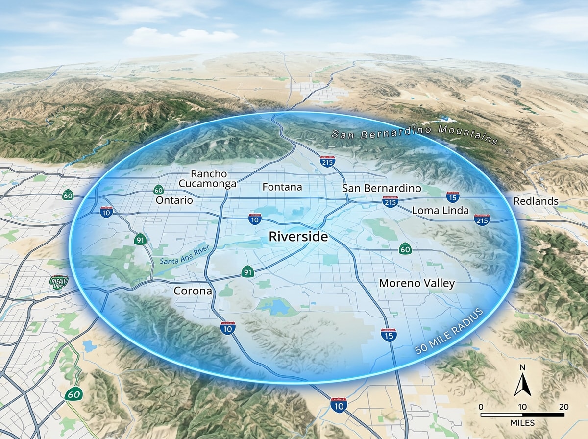 Map showing commercial HVAC service area coverage around Hemet, CA
