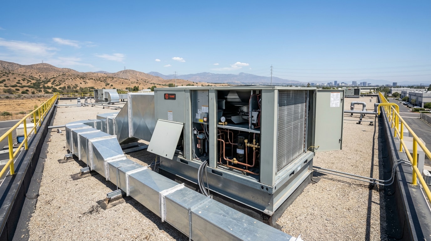 Commercial rooftop HVAC package unit on a Hemet, CA business building