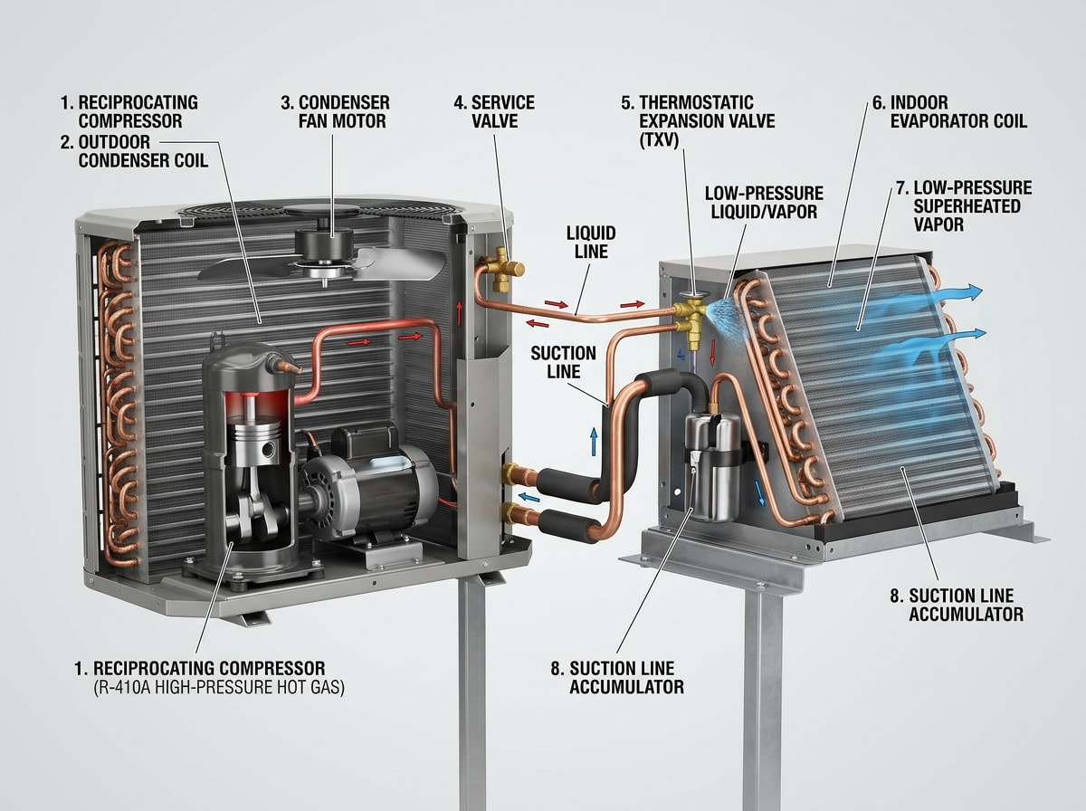 Diagram of the refrigerant cycle showing compressor, condenser unit, and evaporator coil in a central air conditioning system