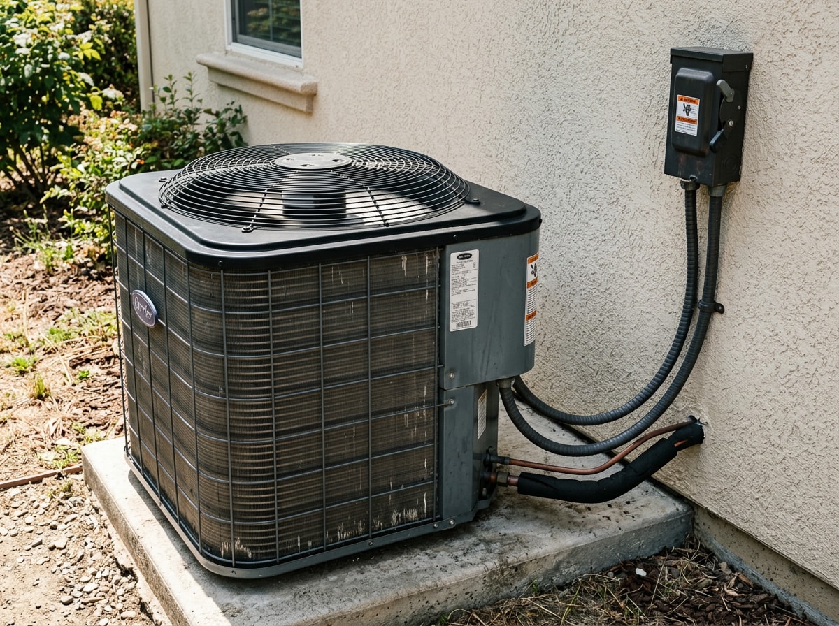 Outdoor central air conditioning condenser unit with fan and components labeled, showing no gas line connections