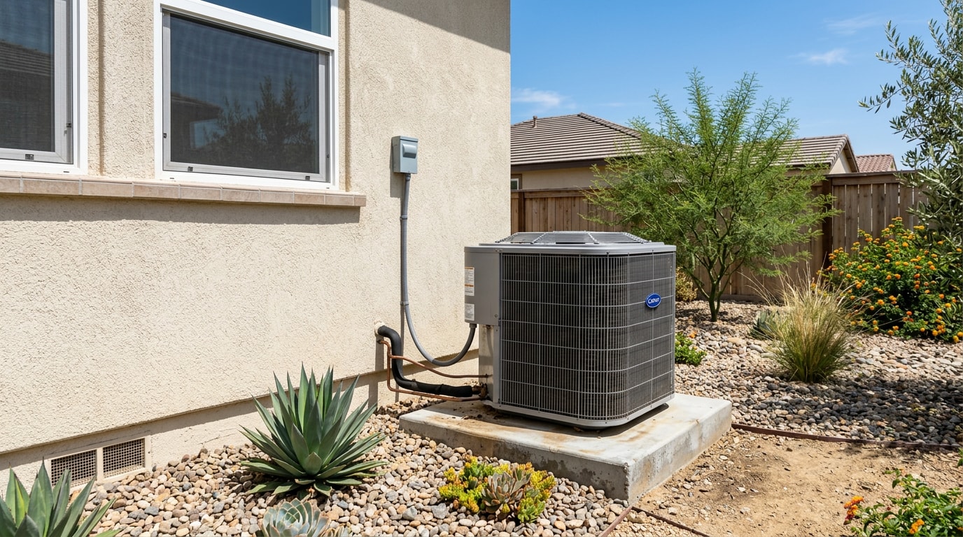Residential central air conditioning condenser unit outside a Moreno Valley home Residential central air conditioning condenser unit outside a Moreno Valley home