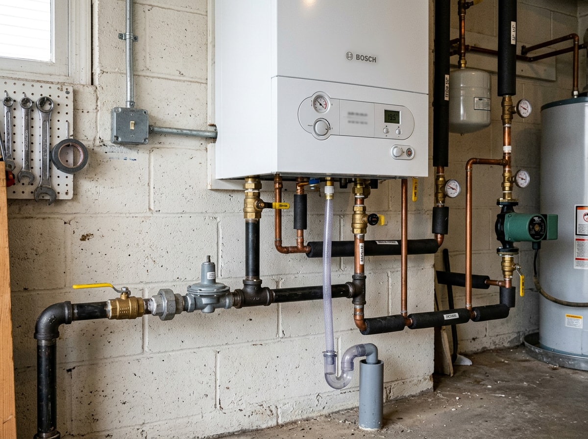 Residential gas fired boiler unit installed in a Murrieta, CA home mechanical room