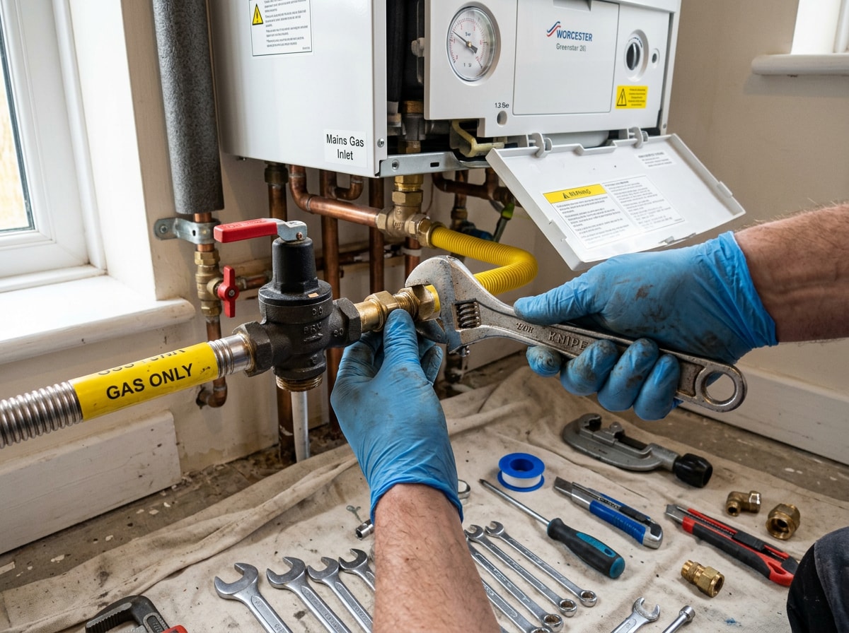 Technician connecting gas line and pressure relief valve during boiler installation
