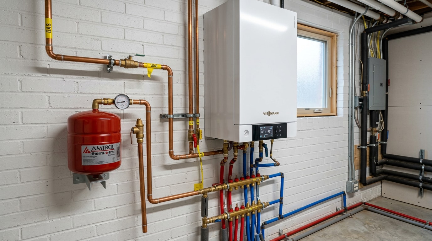 Modern condensing gas fired boiler installed in a Murrieta, CA home mechanical room