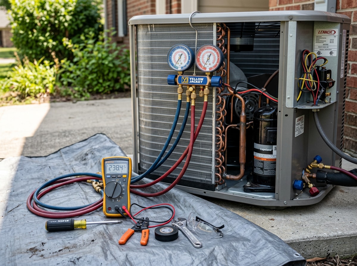 HVAC technician servicing an outdoor air conditioning condenser unit at a Temecula home