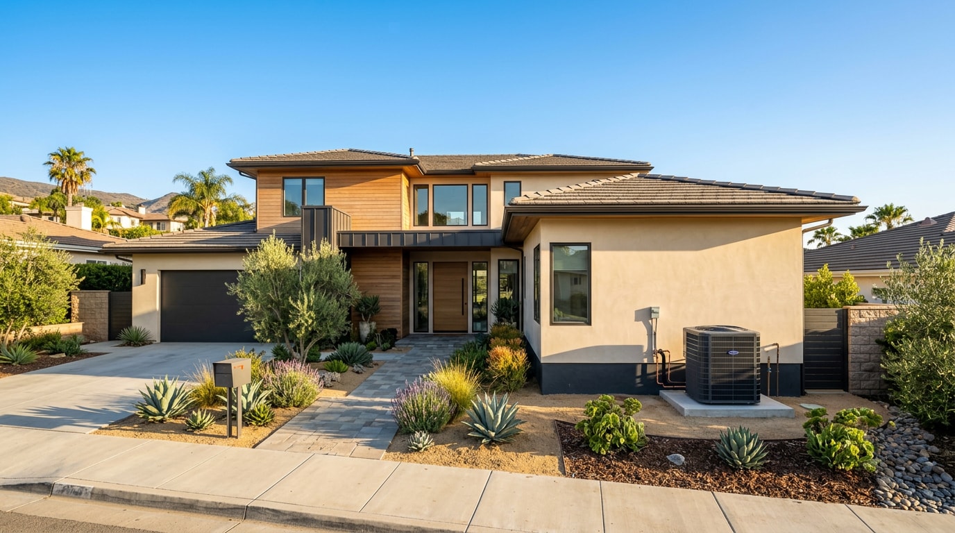 Modern Temecula home with a newly installed outdoor HVAC condenser unit