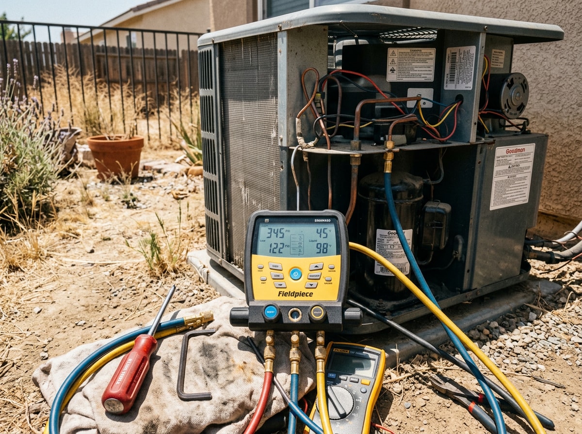 HVAC technician inspecting an outdoor condenser unit during a service call in Moreno Valley, CA