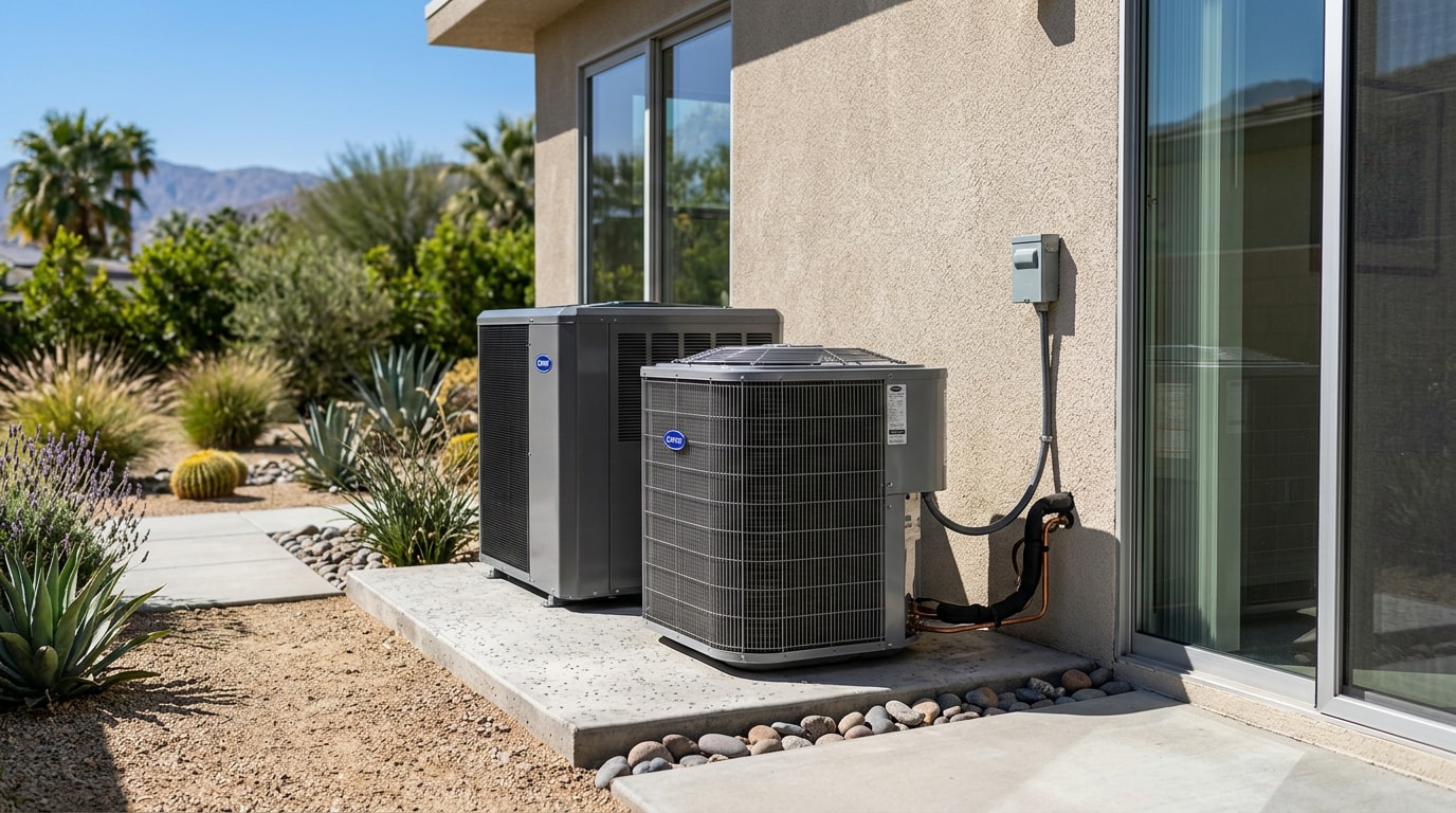 Residential HVAC condenser unit installed outside a Moreno Valley, CA home