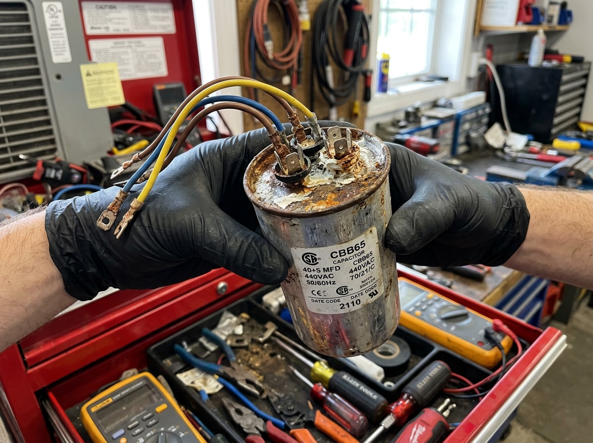 Close-up of a failed HVAC capacitor, a common cause of AC repair calls in Moreno Valley