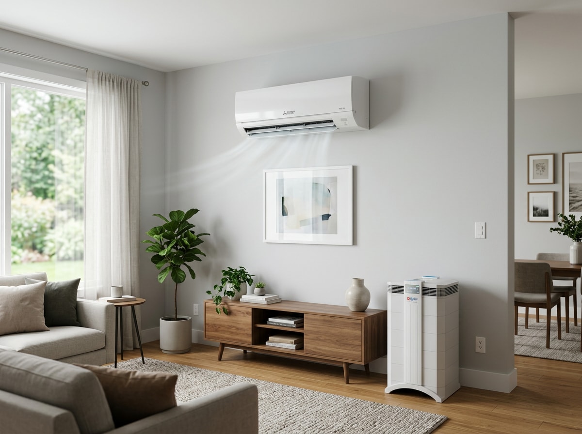Ductless mini-split and air purifier system installed in an Inland Empire home for improved indoor air quality
